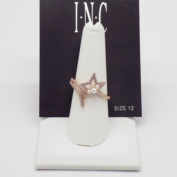 INC Rose Gold-Tone Pave Imitation Pearl Shooting Star Open Ring - Picture 1 of 4